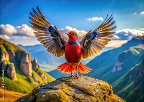 A Majestic Bird With A Vibrant Red Crest And Wings Spread Wide, Perched Atop A Rock Against A Scenic Backdrop. photo