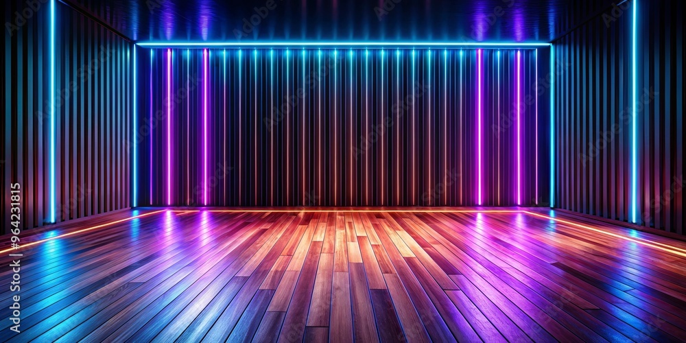 Vibrant neon light effects illuminating a dark wooden floor in a performance space at night Vibrant neon light effects illuminating a dark wooden floor in a performance space at night