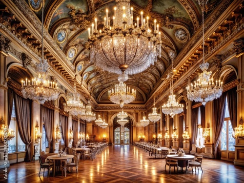 A majestic grand ballroom with crystal chandeliers, ornate mirrors, and velvet drapes, evoking a sense of luxury, romance, and enchantment in a mysterious, opulent atmosphere. photo