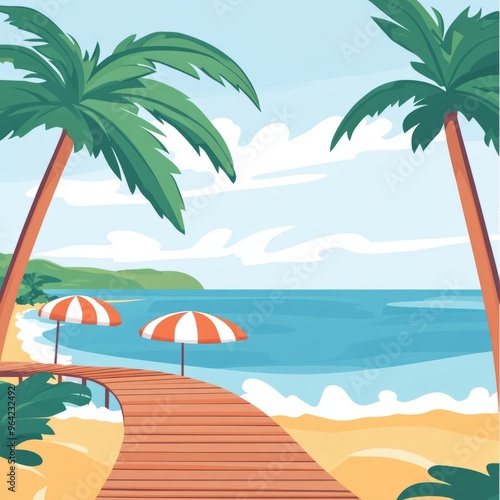 Cartoon Beach Boardwalk Stock Image: Perfect for Business Backgrounds