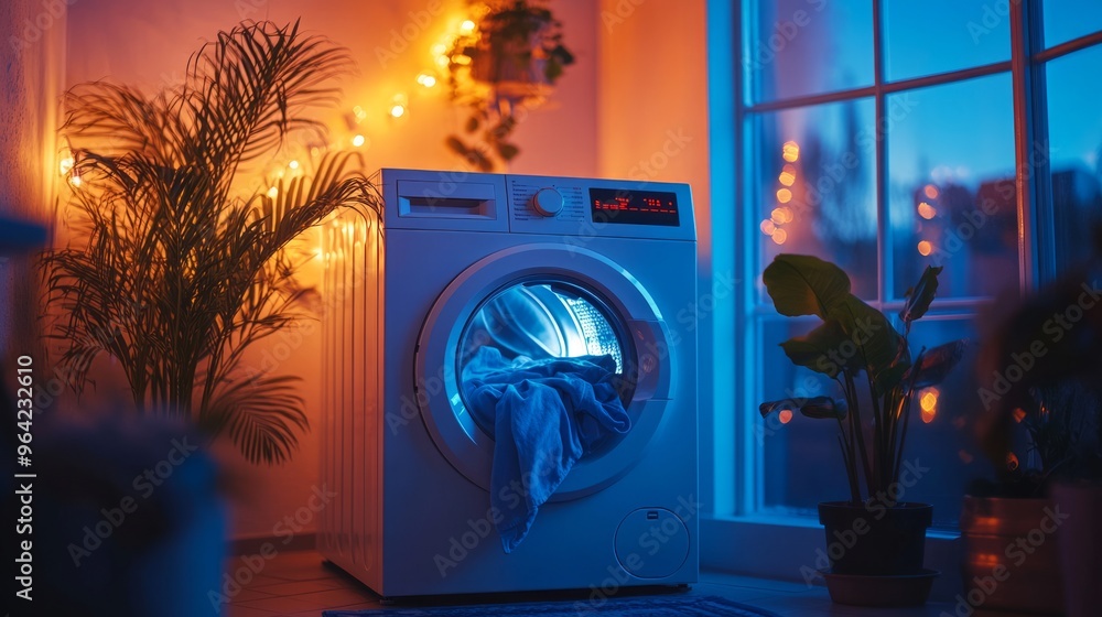 Washing machine running a late night wash cycle, bathed in blue and orange neon lights, evoking a contemporary and futuristic ambiance