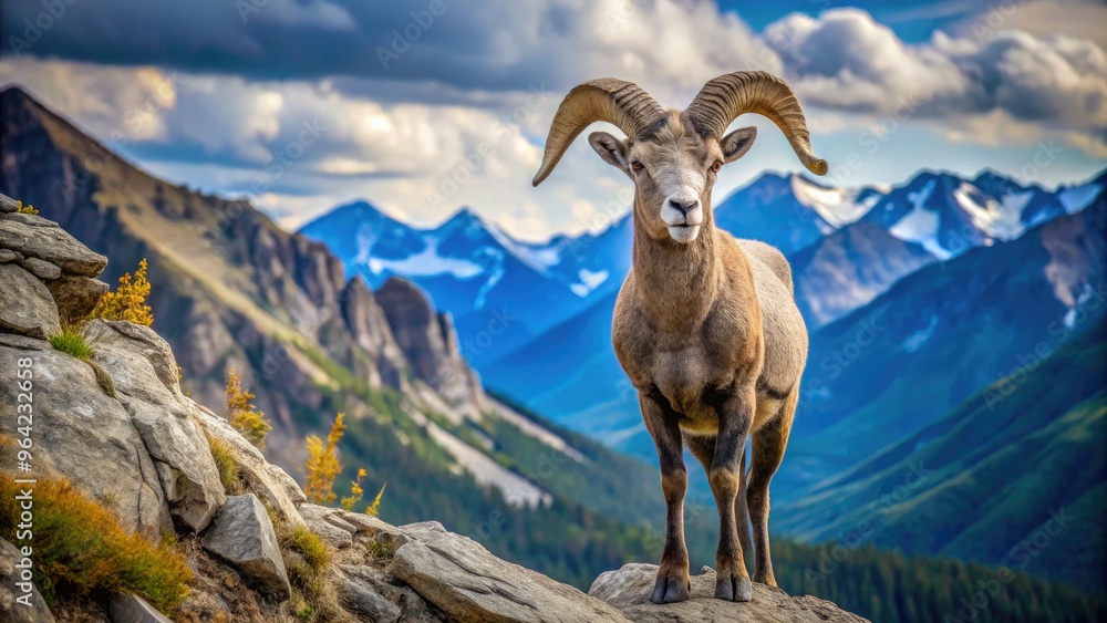 A Majestic Rocky Mountain Bighorn Sheep Stands Upon A Rugged Mountain Summit, Its Massive Horns And Keen Eyes Surveying The Surrounding Landscape. A Majestic Rocky Mountain Bighorn Sheep Stands Upon A Rugged Mountain Summit, Its Massive Horns And Keen Eyes Surveying The Surrounding Landscape.