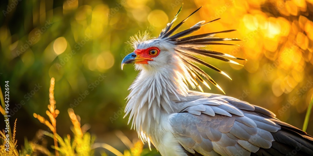 A majestic secretary bird stands proud, its grey and white feathers glistening in the sunlight, with its distinctive crest and powerful talons on display. A majestic secretary bird stands proud, its grey and white feathers glistening in the sunlight, with its distinctive crest and powerful talons on display.