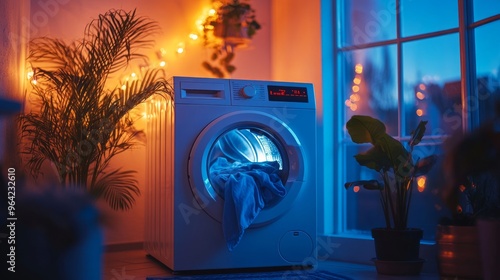 Obraz na płótnie Washing machine running a late night wash cycle, bathed in blue and orange neon lights, evoking a contemporary and futuristic ambiance w salonie