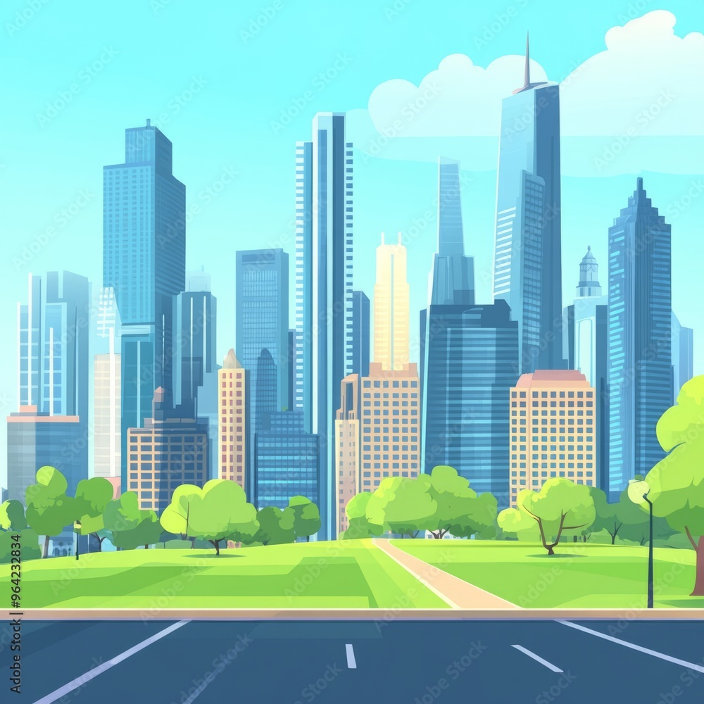 Obraz premium Cartoon City Skyline Stock Image: Modern Skyscrapers, Highways, Parks for Business Backgrounds