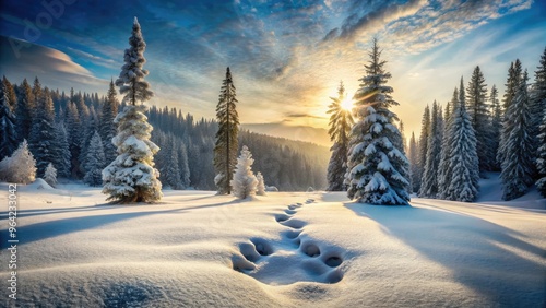 A massive bear paw print lies in the snow, surrounded by frosty trees and a serene winter landscape, evoking a sense of wilderness and solitude.