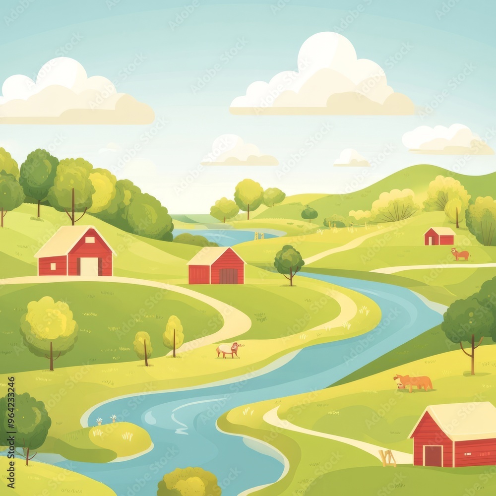 Fototapeta premium Cartoon Farm Illustration: Simple, Clean Background for Business Use