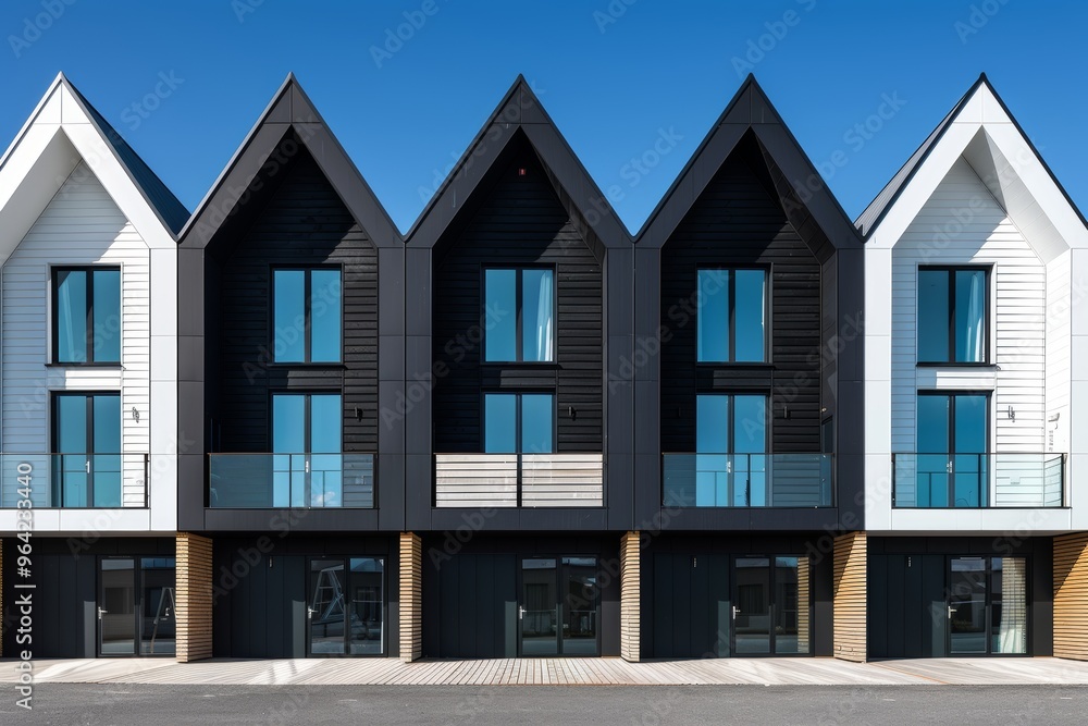 Fototapeta premium Modern Housing Estate with Black and White Facades and Gable Roofs Against a Bright Blue Sky