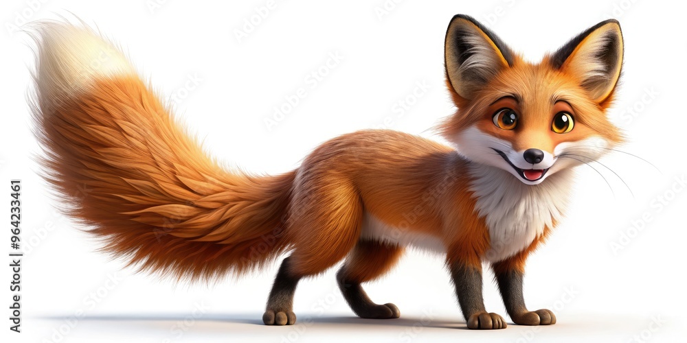 Fototapeta premium A Mischievous Cartoon Fox With Fluffy Fur And A Sly Expression Stands With Its Tail Curled Behind It, Ready For Some Playful Adventures.