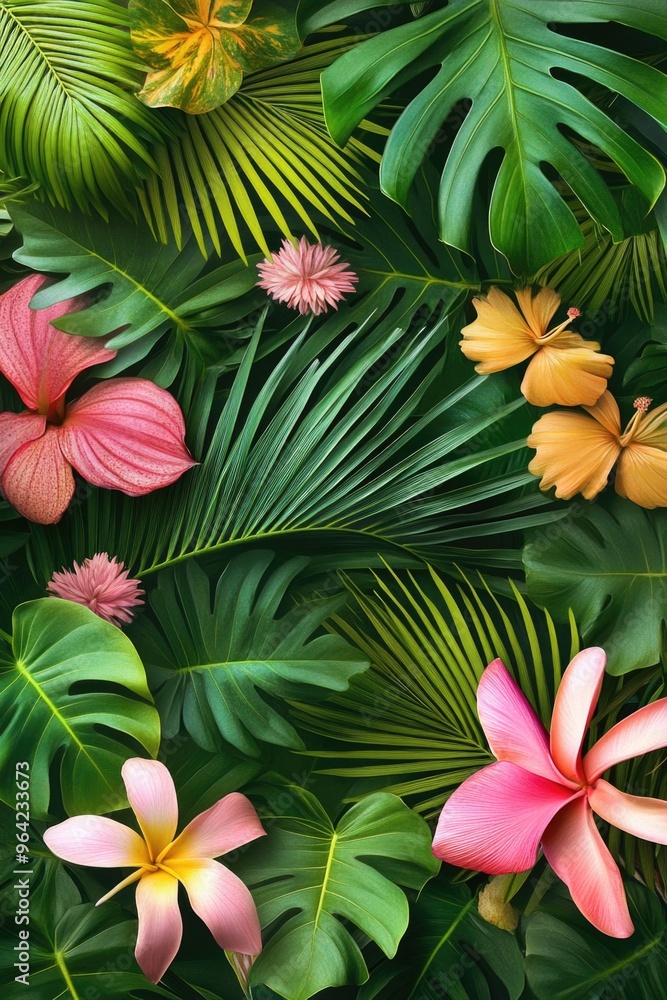 A lush green jungle with a variety of flowers, including pink and yellow ones. Concept of vibrancy and life, as the flowers and leaves are in full bloom A lush green jungle with a variety of flowers, including pink and yellow ones. Concept of vibrancy and life, as the flowers and leaves are in full bloom