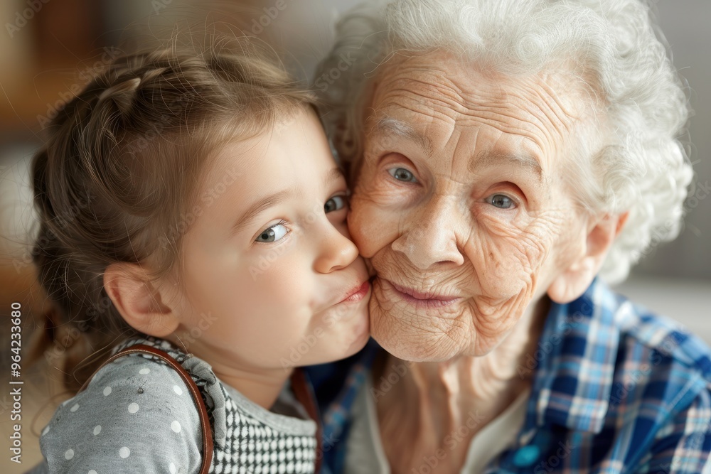 A touching moment as a young girl lovingly kisses her elderly grandmother, showcasing warmth and family connection across generations. A touching moment as a young girl lovingly kisses her elderly grandmother, showcasing warmth and family connection across generations.