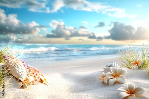 A beach scene with a shell and some flowers