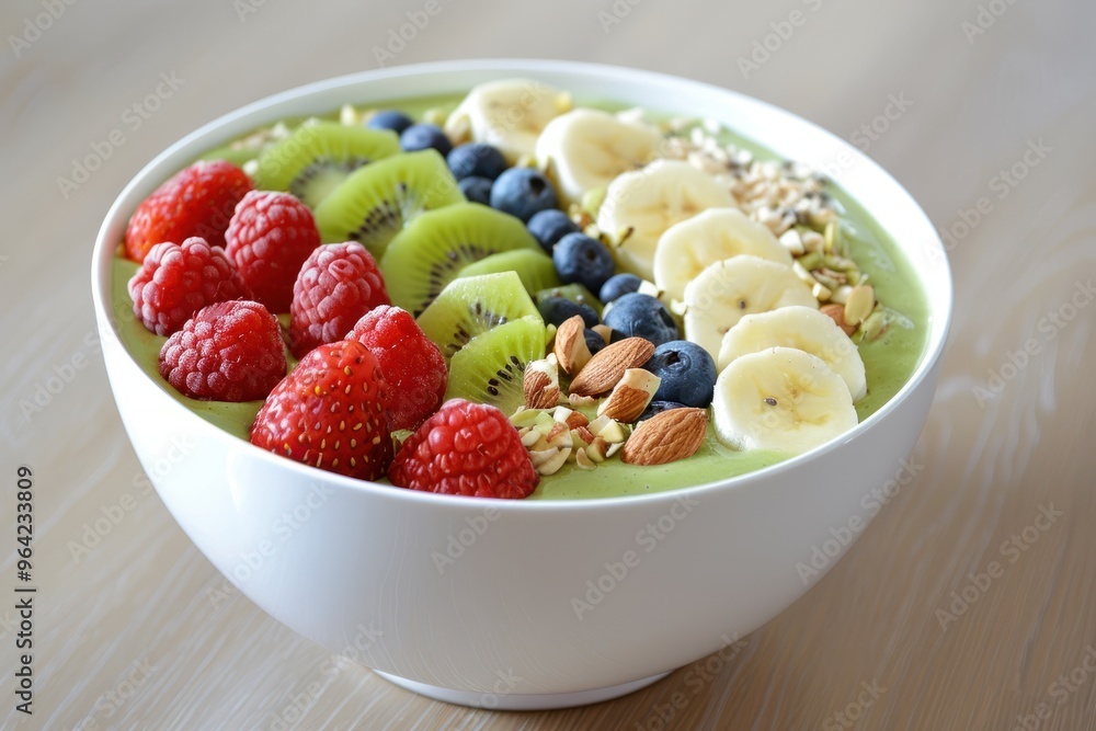 A colorful smoothie bowl topped with fresh raspberries, kiwi, banana slices, blueberries, and almonds, offering a healthy and vibrant breakfast option. A colorful smoothie bowl topped with fresh raspberries, kiwi, banana slices, blueberries, and almonds, offering a healthy and vibrant breakfast option.