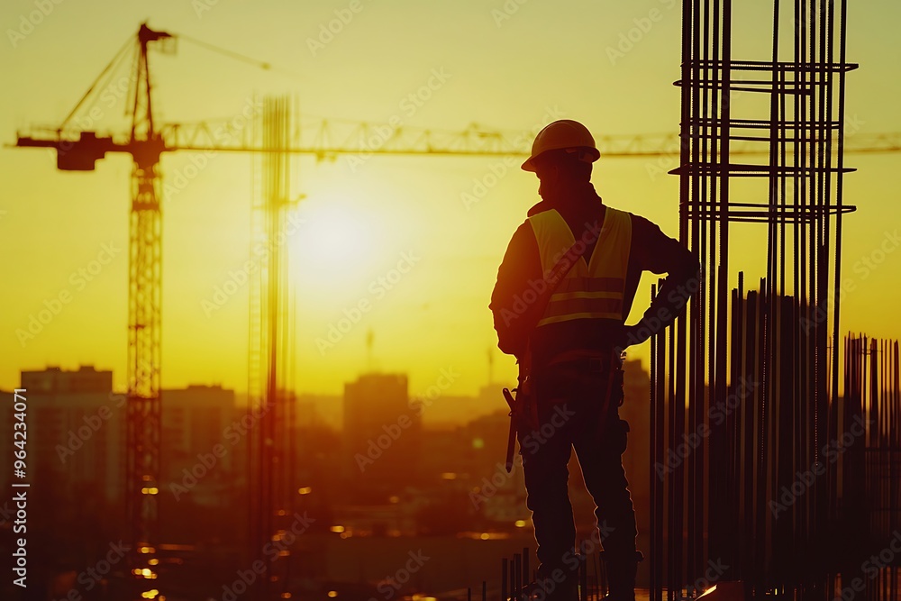 Silhouette of a Construction Worker Against a Sunset Silhouette of a Construction Worker Against a Sunset