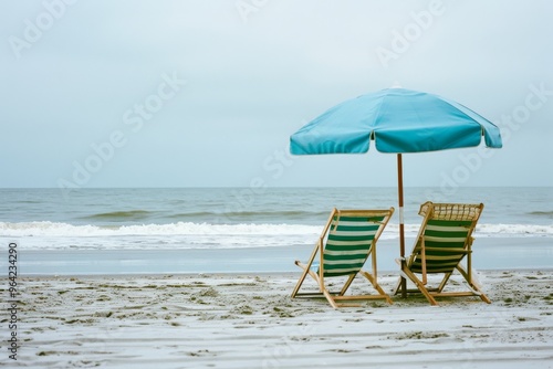 Two wooden beach chairs under a blue umbrella on a serene, sandy beach, capturing a tranquil getaway and the simplicity of seaside relaxation. #964234290