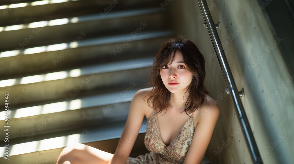 Asian woman in a dress, sitting on a staircase outdoor, natural lighting soft focus Asian woman in a dress, sitting on a staircase outdoor, natural lighting soft focus