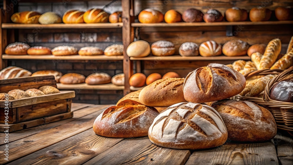 Freshly baked bread loaves on wooden table in bakery Freshly baked bread loaves on wooden table in bakery