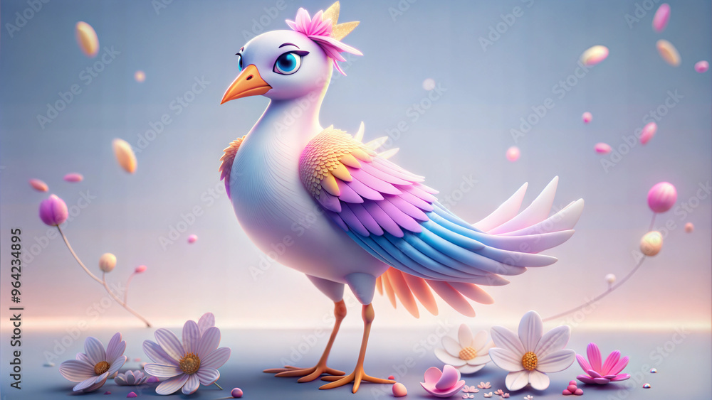 Fototapeta premium Whimsical stylized bird with colorful feathers and floral accents in a cheerful setting 