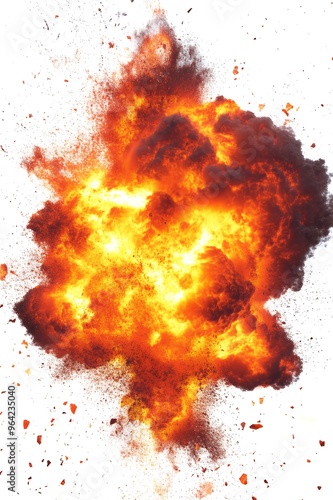 A fiery explosion with smoke and debris on a white background.