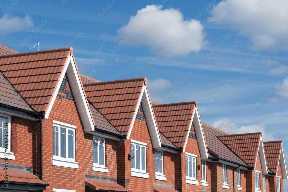 A row of modern brick houses with steeply pitched gabled roofs under a clear blue sky, indicating a suburban neighborhood on a sunny day. A row of modern brick houses with steeply pitched gabled roofs under a clear blue sky, indicating a suburban neighborhood on a sunny day.