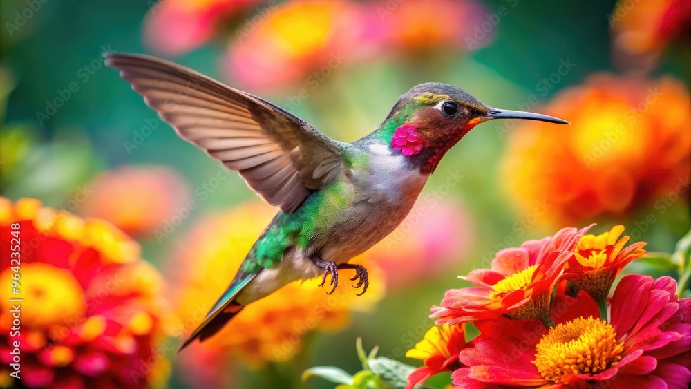 Fototapeta premium An Image Of A Vibrant Hummingbird Hovering Near A Colorful Flower In A Nature Setting Suitable As Free Wallpaper