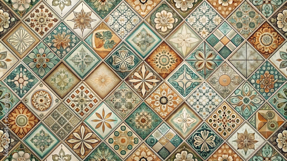 Abstract geometric retro background with ceramic tiles in muted colors and patterns Abstract geometric retro background with ceramic tiles in muted colors and patterns