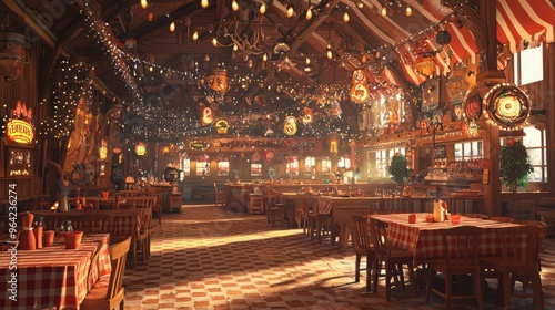 Rustic restaurant with checkered tablecloths and string lights.