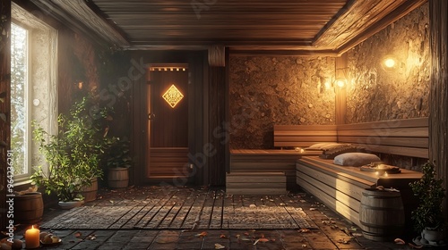 Rustic Sauna Interior with Wooden Bench and Window.