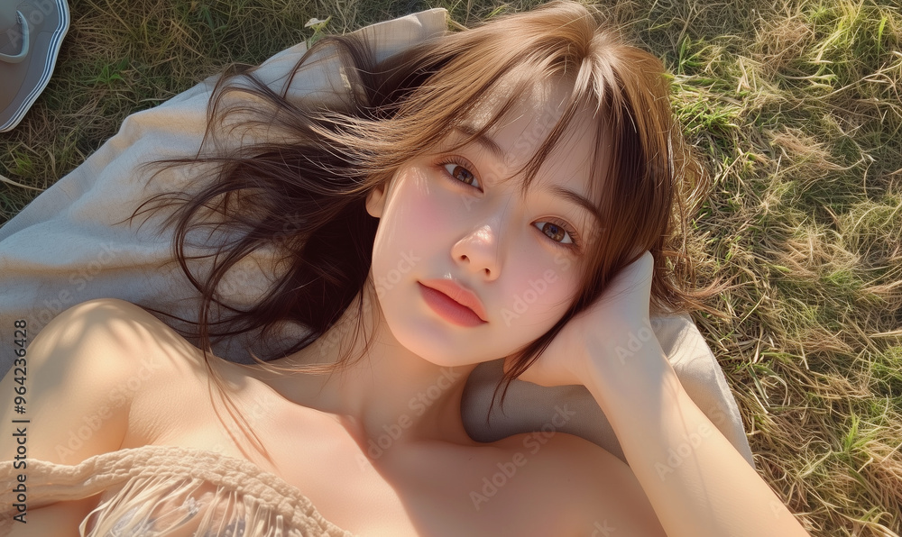 Serene asian woman relaxing during a picnic Serene asian woman relaxing during a picnic