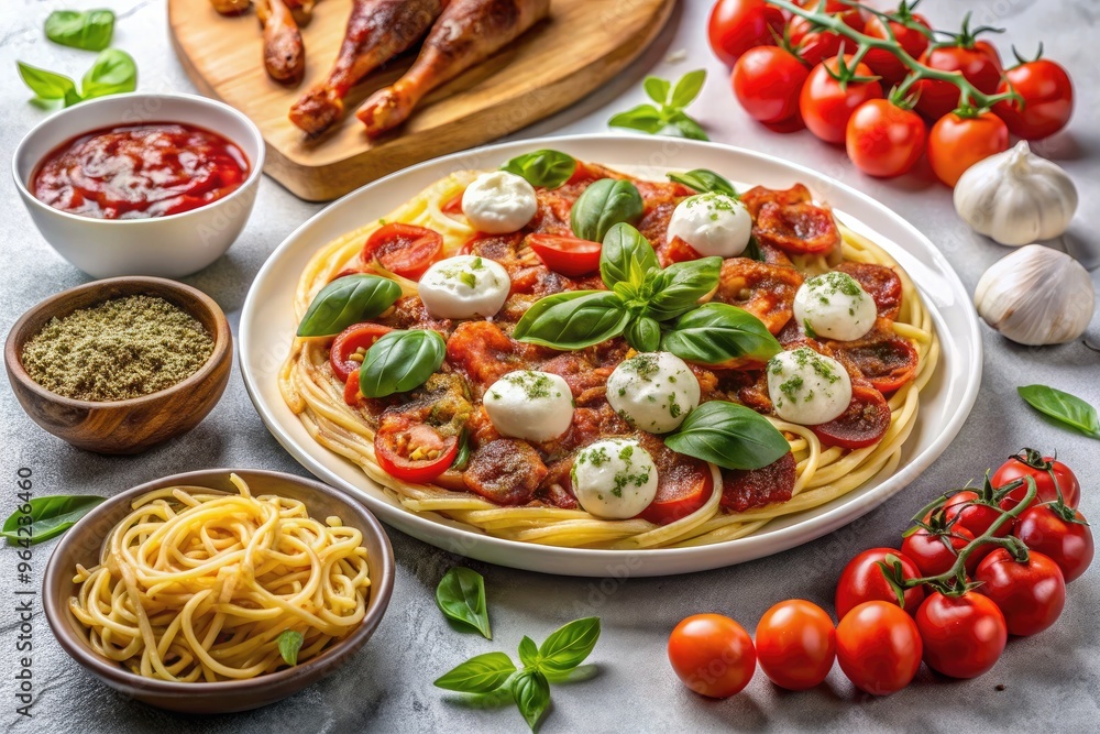A Plate On A White Countertop Is Filled With A Variety Of Traditional Italian Dishes, Including A Fresh Caprese Salad, Savory Pasta With Meat Sauce, And Crispy Pizza. A Plate On A White Countertop Is Filled With A Variety Of Traditional Italian Dishes, Including A Fresh Caprese Salad, Savory Pasta With Meat Sauce, And Crispy Pizza.