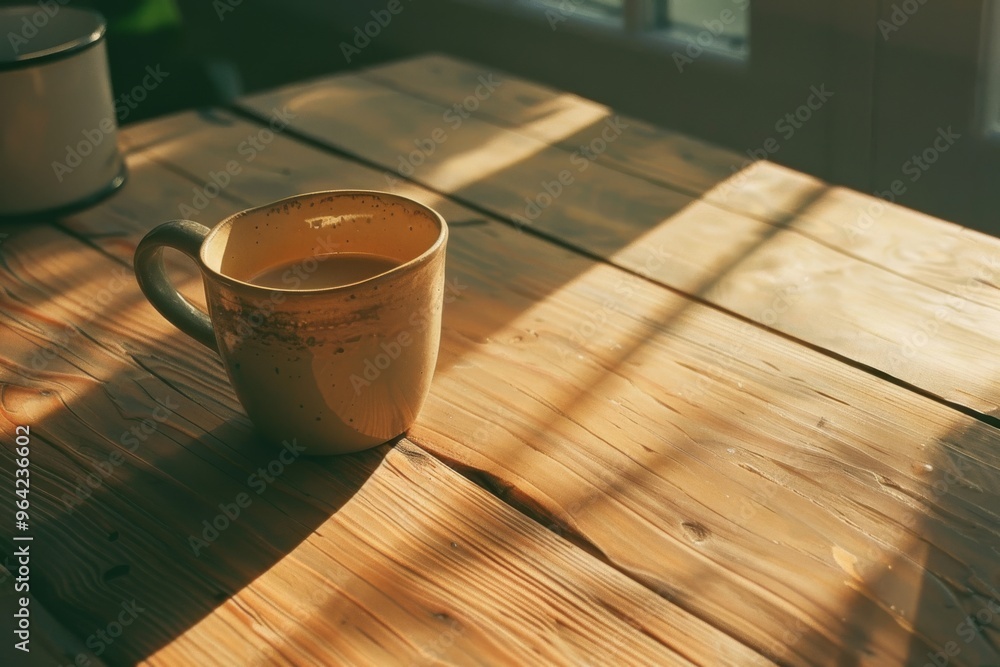 A steaming cup of coffee rests on a rustic wooden table filled with morning sunlight, epitomizing comfort and the serenity of a peaceful morning. A steaming cup of coffee rests on a rustic wooden table filled with morning sunlight, epitomizing comfort and the serenity of a peaceful morning.