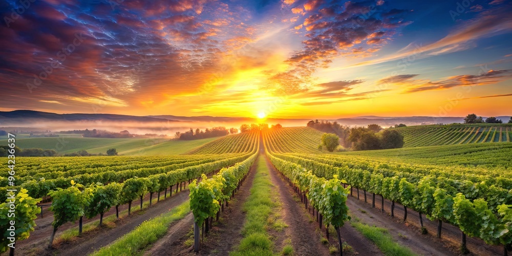 Fototapeta premium Vibrant sunrise over a vineyard with rows of grapes