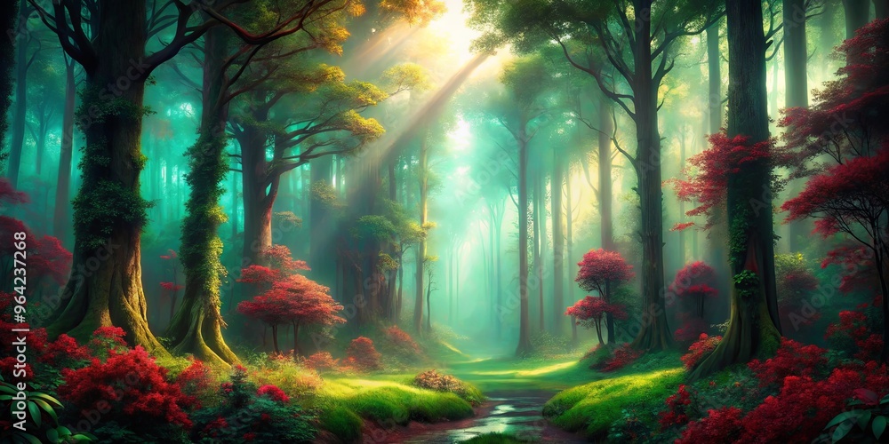 Fototapeta premium Dreamy forest scene with sophisticated emerald maroon tones, perfect for background use