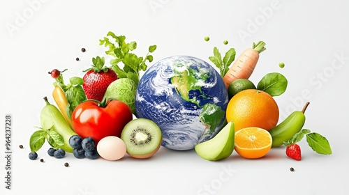 Earth surrounded by fresh produce, symbolizing global nutrition, watercolor