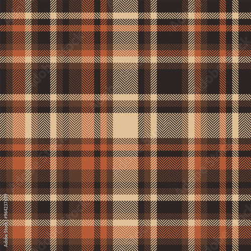 Vogue texture textile background, canadian tartan check plaid. Basic fabric seamless vector pattern in orange and dark colors.