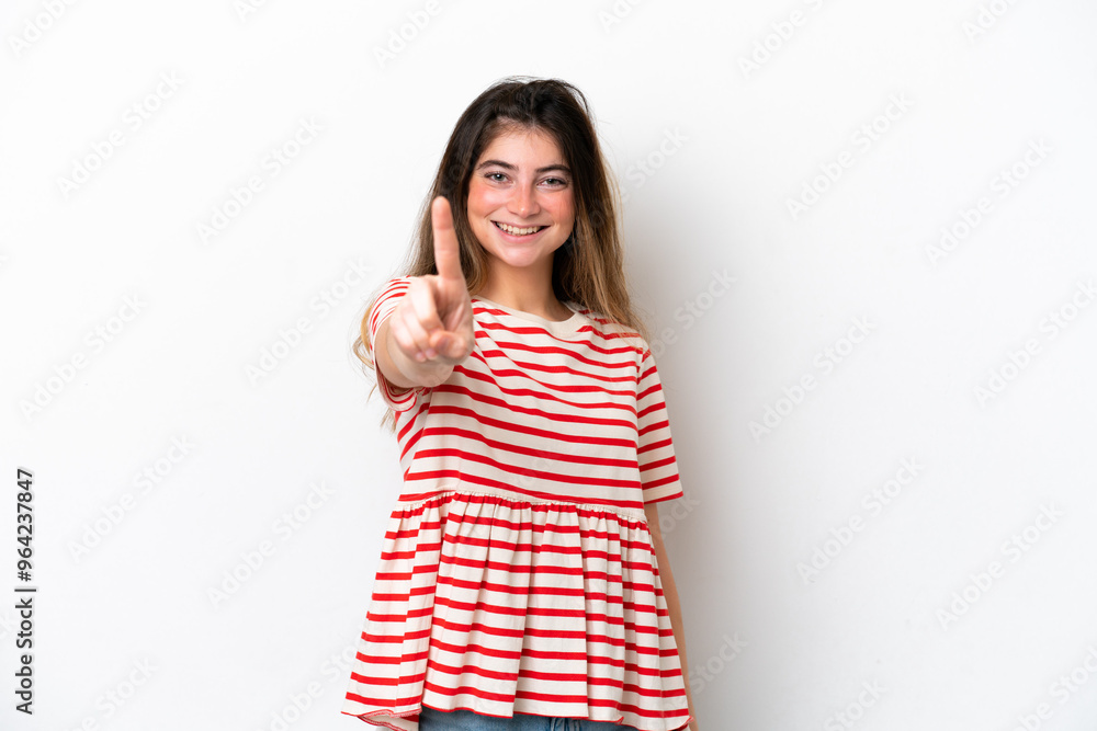 Young caucasian woman isolated on white background showing and lifting a finger Young caucasian woman isolated on white background showing and lifting a finger