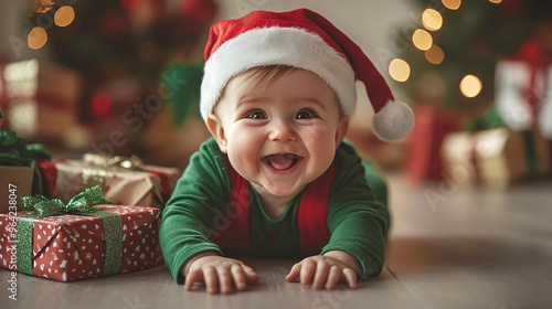 Cute Little Baby in Elf Costume with Gifts at Home