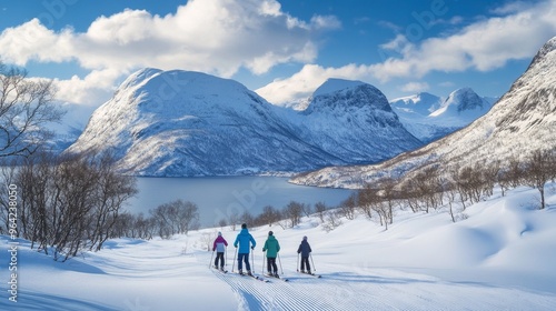 Joyful Norwegian Family Skiing in the Majestic Fjords of a Snow-Covered Winter Wonderland