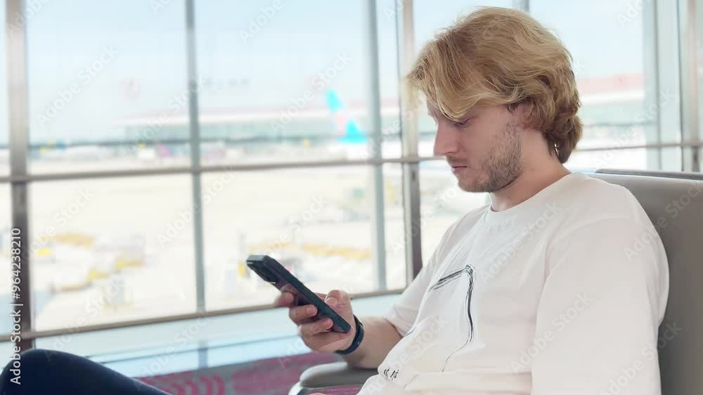 Waiting at the airport ,using smartphone, typing a message on the phone. Waiting at the airport ,using smartphone, typing a message on the phone.
