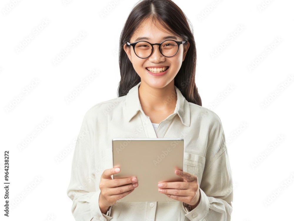 A woman wearing glasses is holding a tablet in her hands. She is smiling and she is happy A woman wearing glasses is holding a tablet in her hands. She is smiling and she is happy