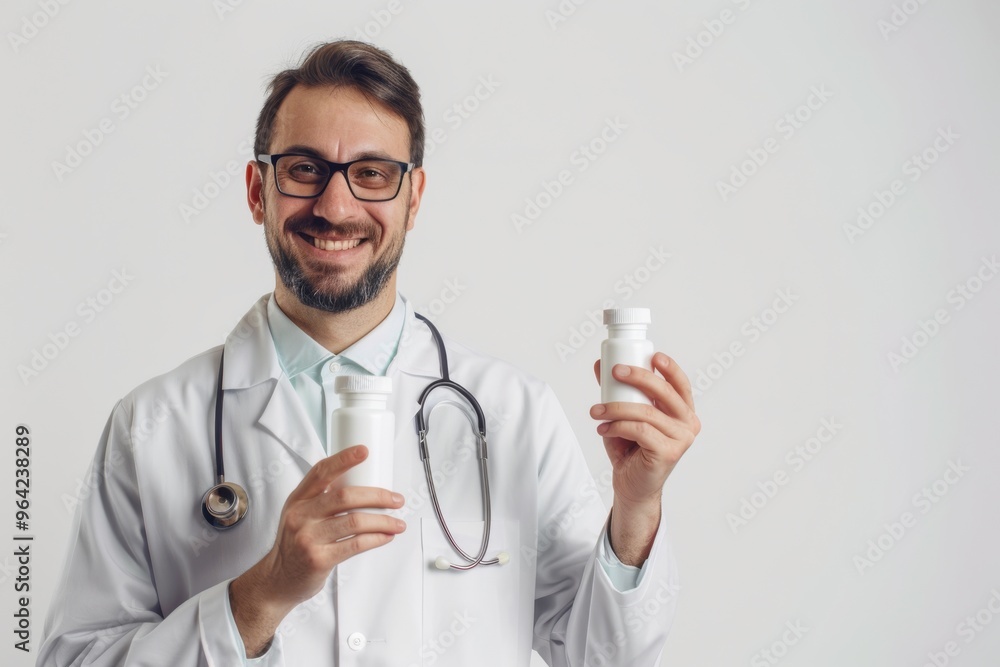 A cheerful male doctor in glasses and a white coat holding two bottles of medication, symbolizing healthcare, trust, and medical expertise. A cheerful male doctor in glasses and a white coat holding two bottles of medication, symbolizing healthcare, trust, and medical expertise.
