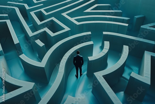 A solitary figure stands at the entrance of a vast, intricate maze, symbolizing the challenges and journey of navigating through life's complexities.