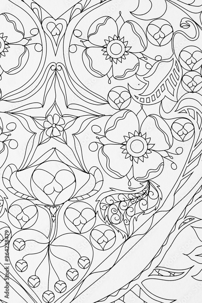 Arrière plan noir et blanc avec motif floral paysage arbre nature pour colorier