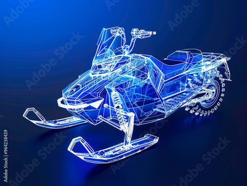 Snowmobile visualization with augmented reality Transparent snowmobile in studio drawing in blue colors