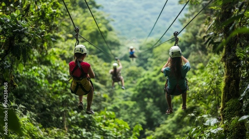 Adventurous Costa Rican Family Zip-Lining Through Lush Rainforest Canopy - Thrilling Eco-Tourism Experience