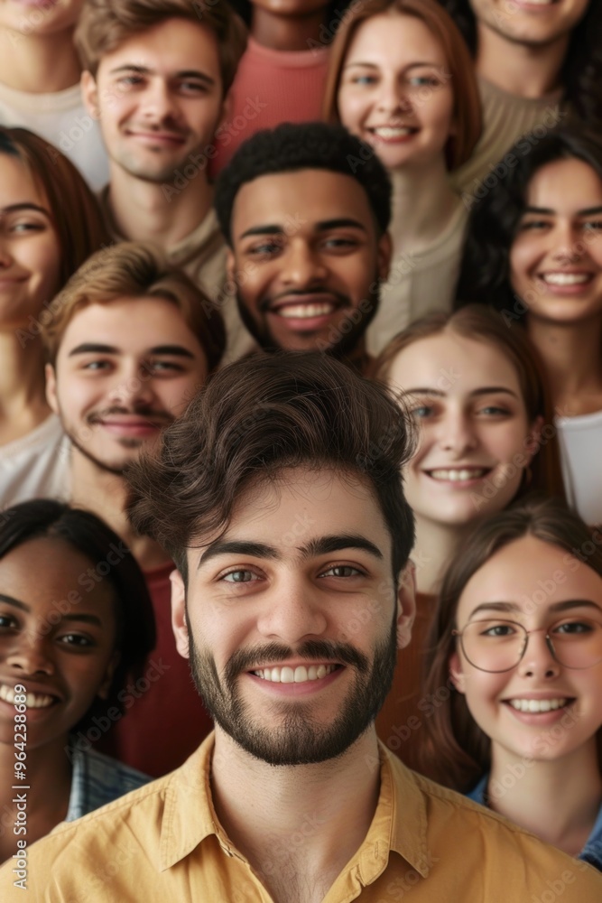 A group of people are smiling and posing for a photo. The man in the center is smiling and looking at the camera. The photo has a happy and friendly vibe A group of people are smiling and posing for a photo. The man in the center is smiling and looking at the camera. The photo has a happy and friendly vibe