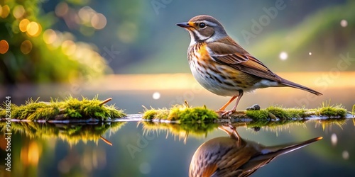 A serene and majestic bird, its feathers glistening with dew, stands at the edge of a calm lake, its reflection mirrored in the still water.