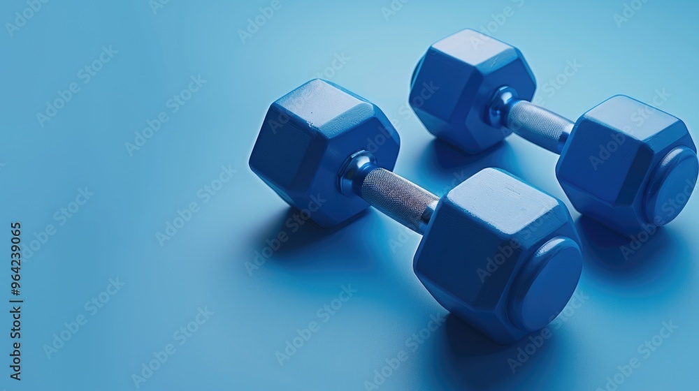 Two blue dumbbells are on a blue background. The dumbbells are the same color and are placed next to each other Two blue dumbbells are on a blue background. The dumbbells are the same color and are placed next to each other