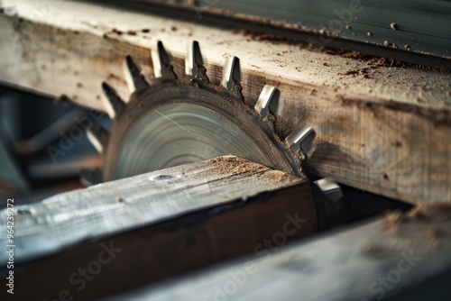 A detailed view of a used saw blade embedded in a piece of wood with visible sawdust, signifying ongoing woodworking or carpentry projects.