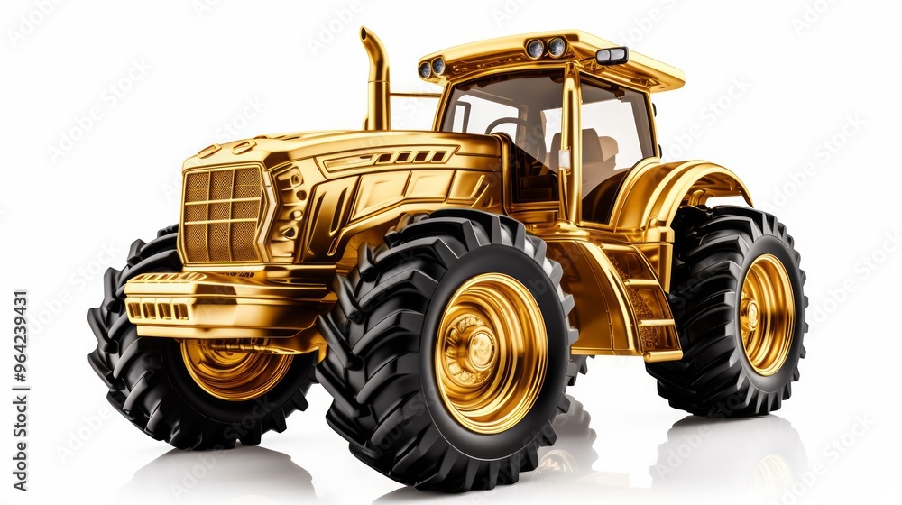Golden tractor with big wheels isolated on white. Neural network ai generated art Golden tractor with big wheels isolated on white. Neural network ai generated art